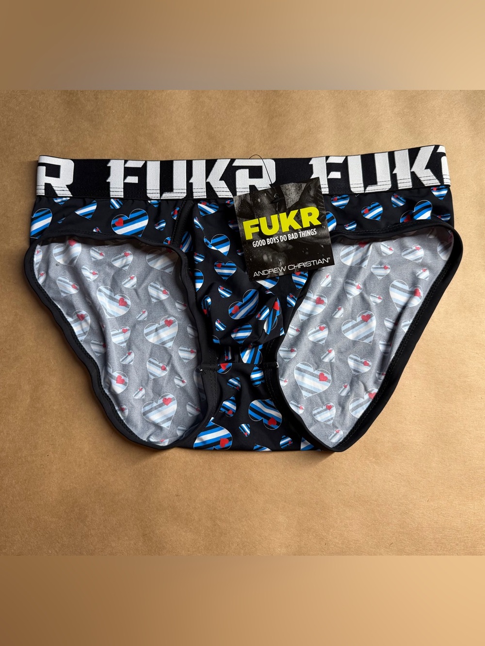 Andrew Christian FUKR Leather Pride Brief with Heart Print X Small Black